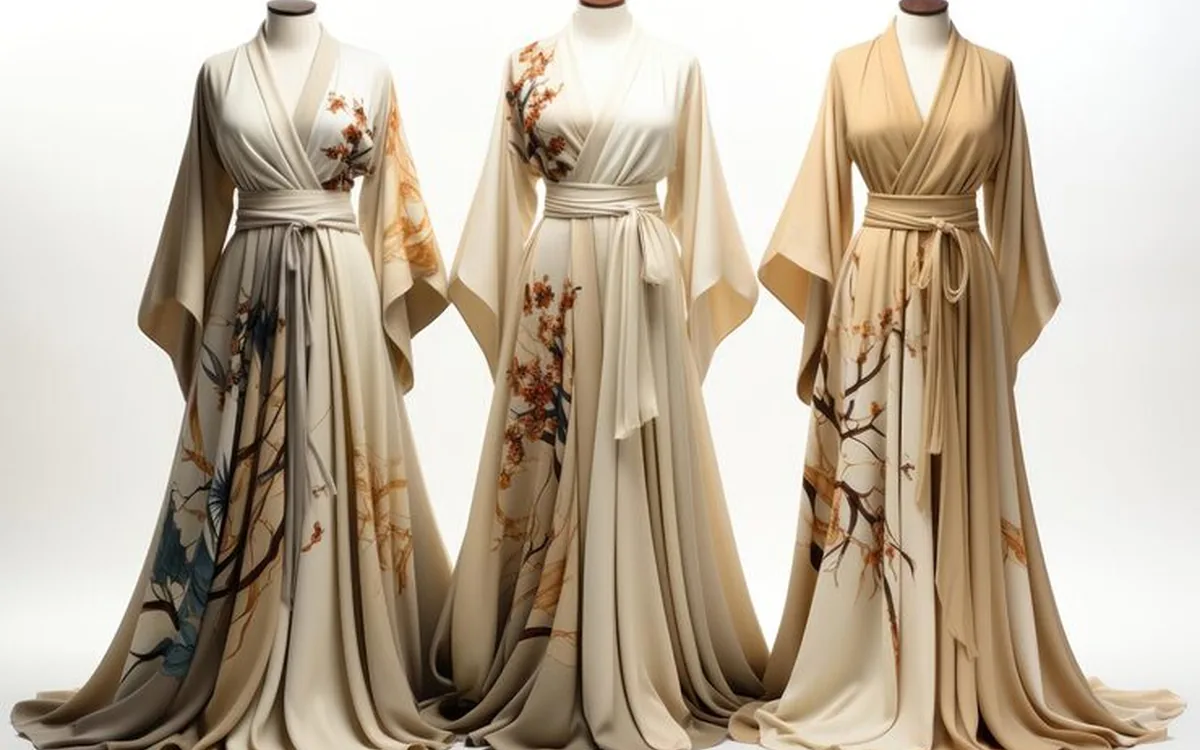 Three cream and beige flowing robes with soft botanical prints on mannequins