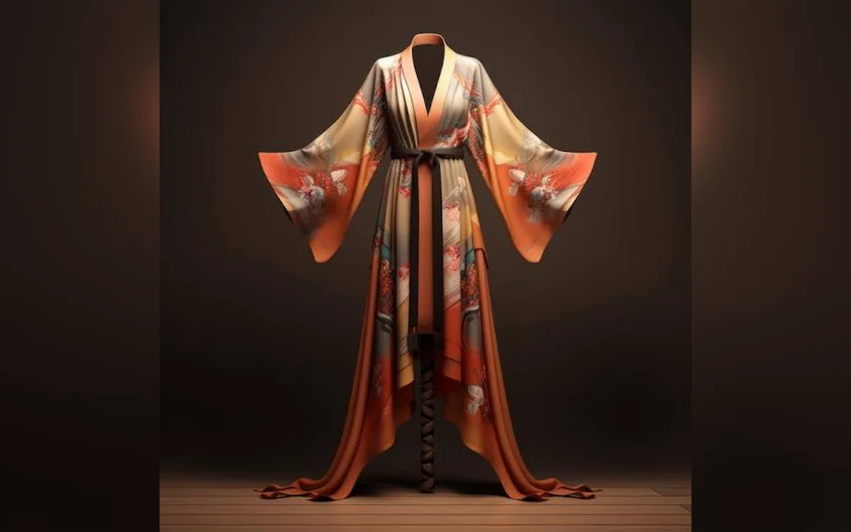 Kimono-style robe with wide sleeves and an orange floral print, tied with a dark belt